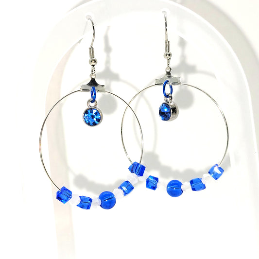 Handcrafted with recycled beads--Blue & white beads, blue jewel 2 inch dangle silver toned earring.