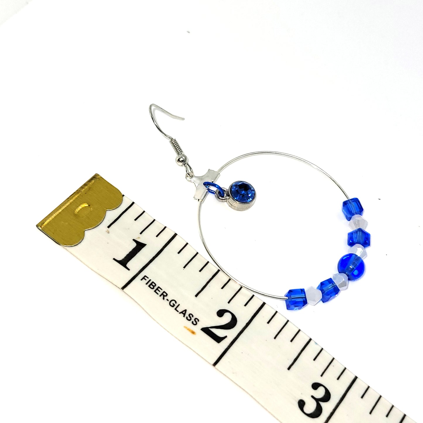 Handcrafted with recycled beads--Blue & white beads, blue jewel 2 inch dangle silver toned earring.