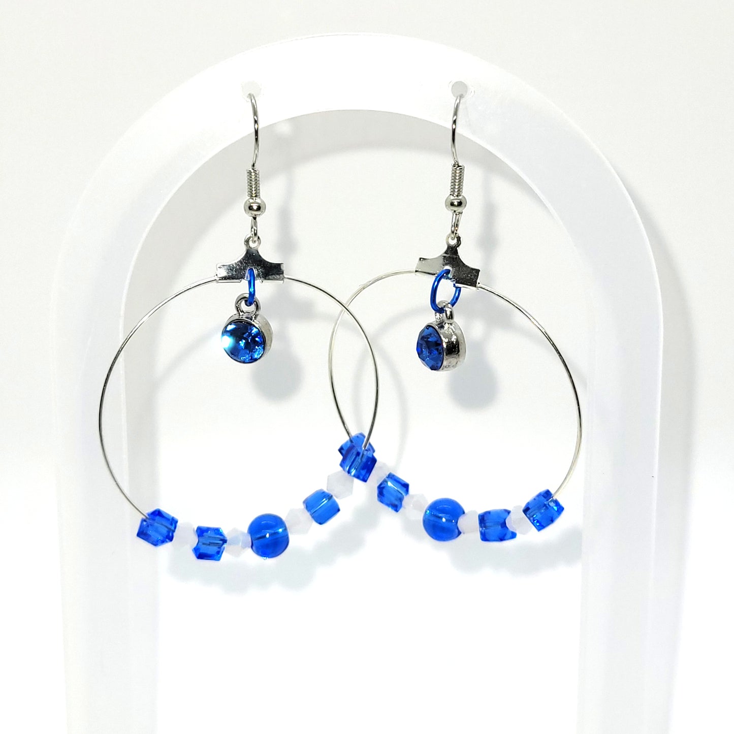 Handcrafted with recycled beads--Blue & white beads, blue jewel 2 inch dangle silver toned earring.