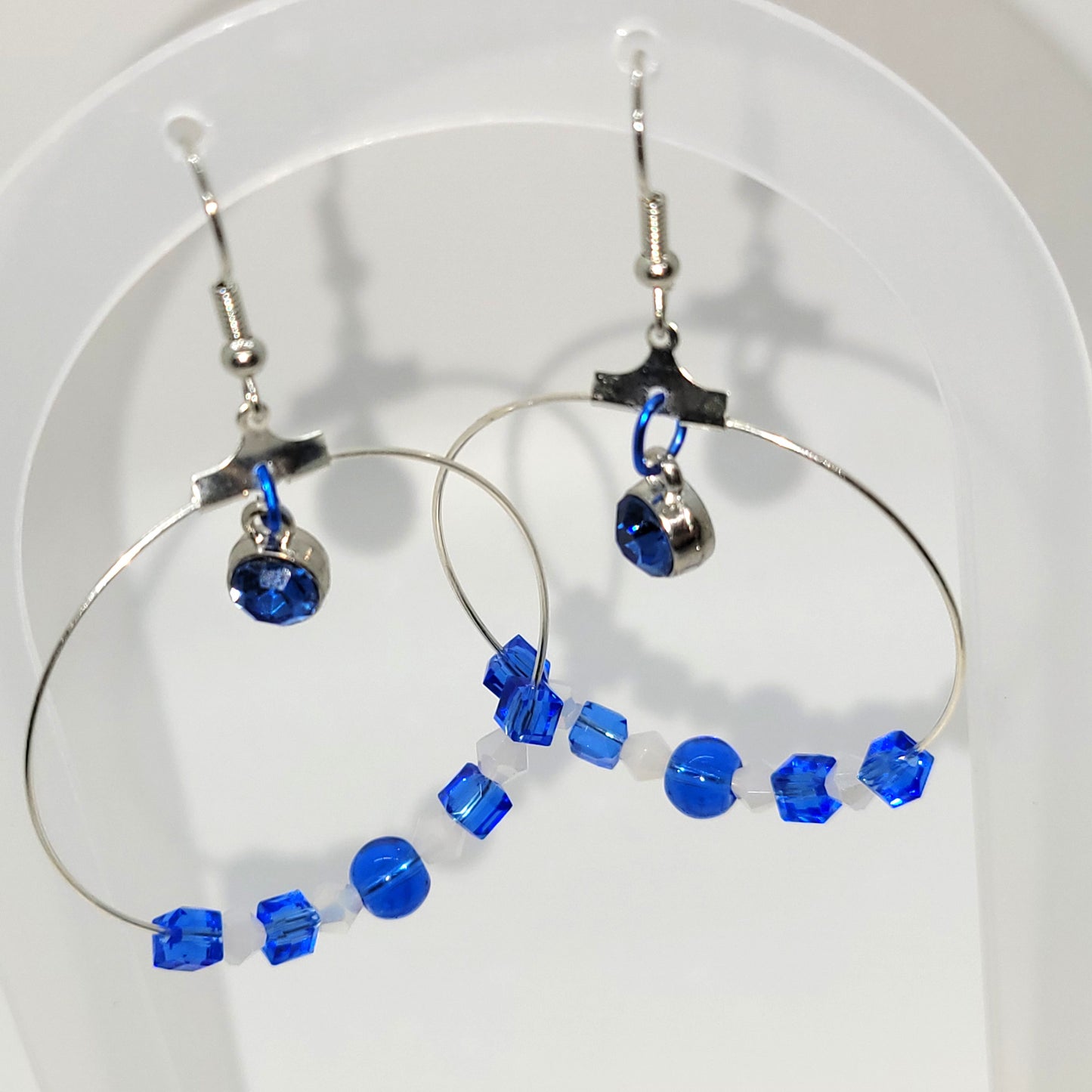 Handcrafted with recycled beads--Blue & white beads, blue jewel 2 inch dangle silver toned earring.