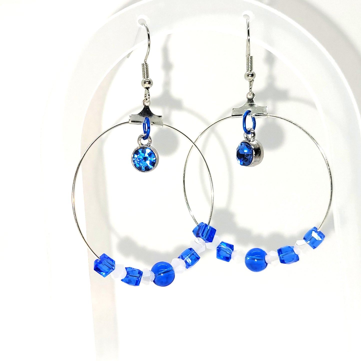 Handcrafted with recycled beads--Blue & white beads, blue jewel 2 inch dangle silver toned earring.