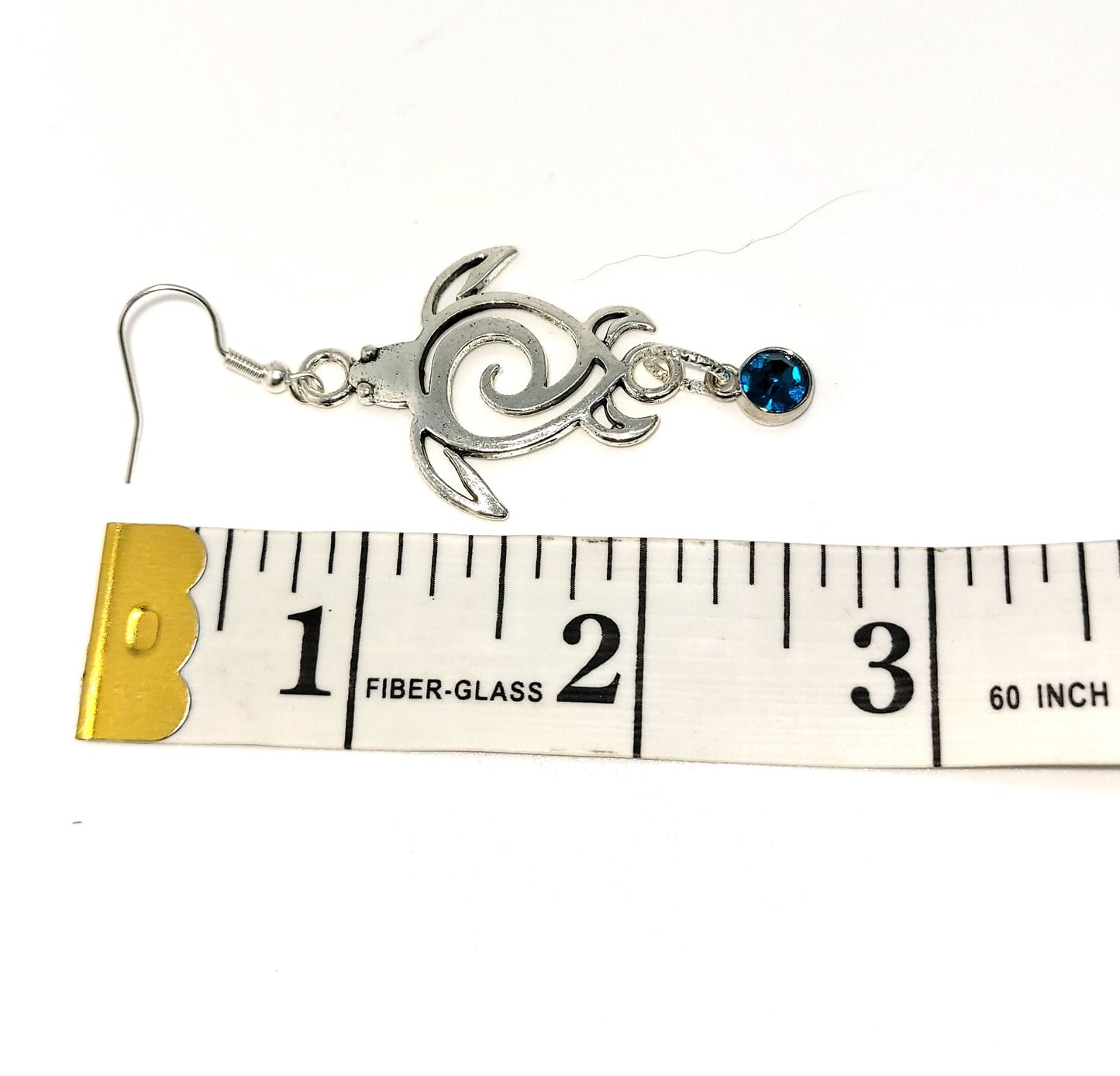 Handcrafted Silver toned Turtle charm necklace & earring with turquoise colored dangle jewel,