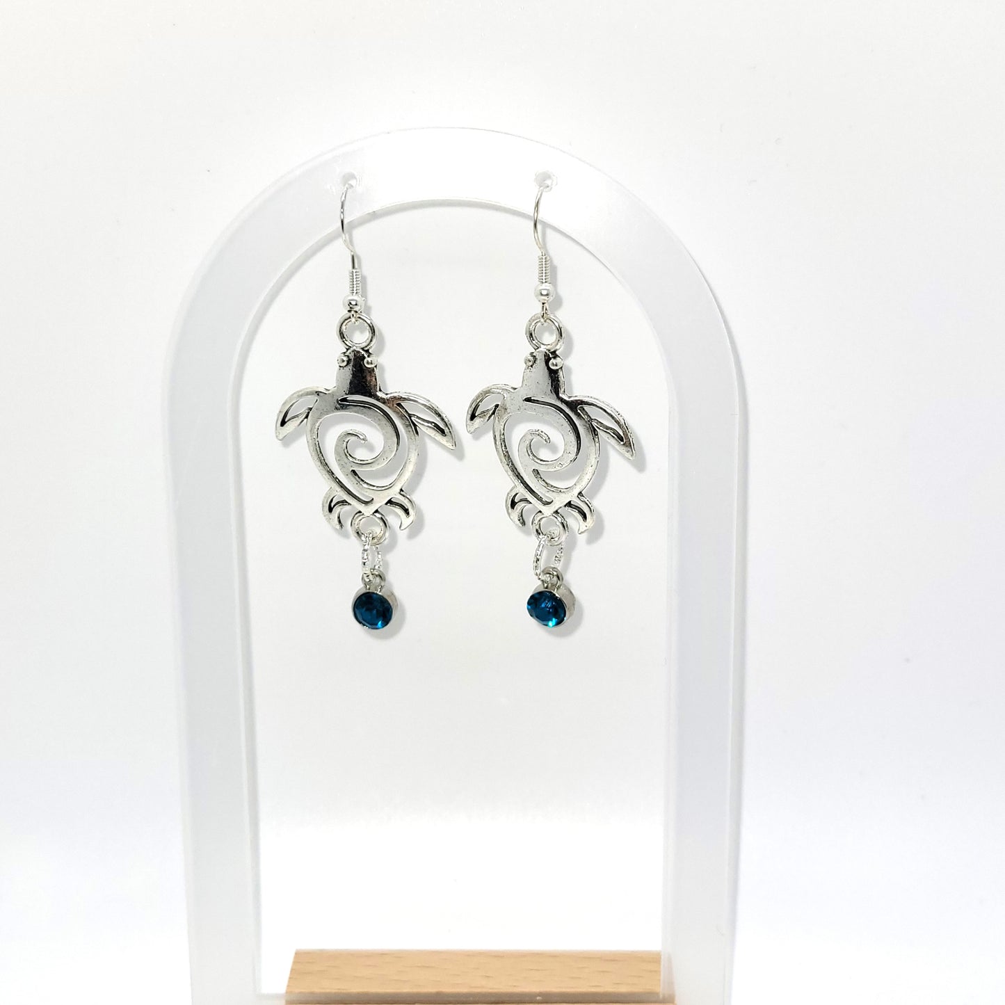 Handcrafted Silver toned Turtle charm necklace & earring with turquoise colored dangle jewel,