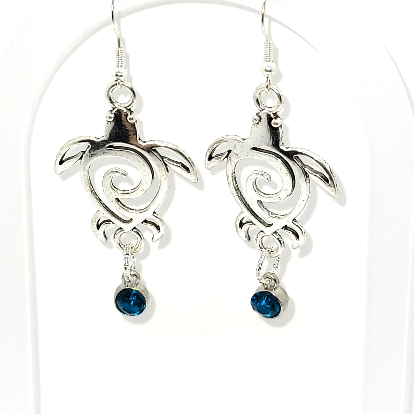 Handcrafted Silver toned Turtle charm necklace & earring with turquoise colored dangle jewel,