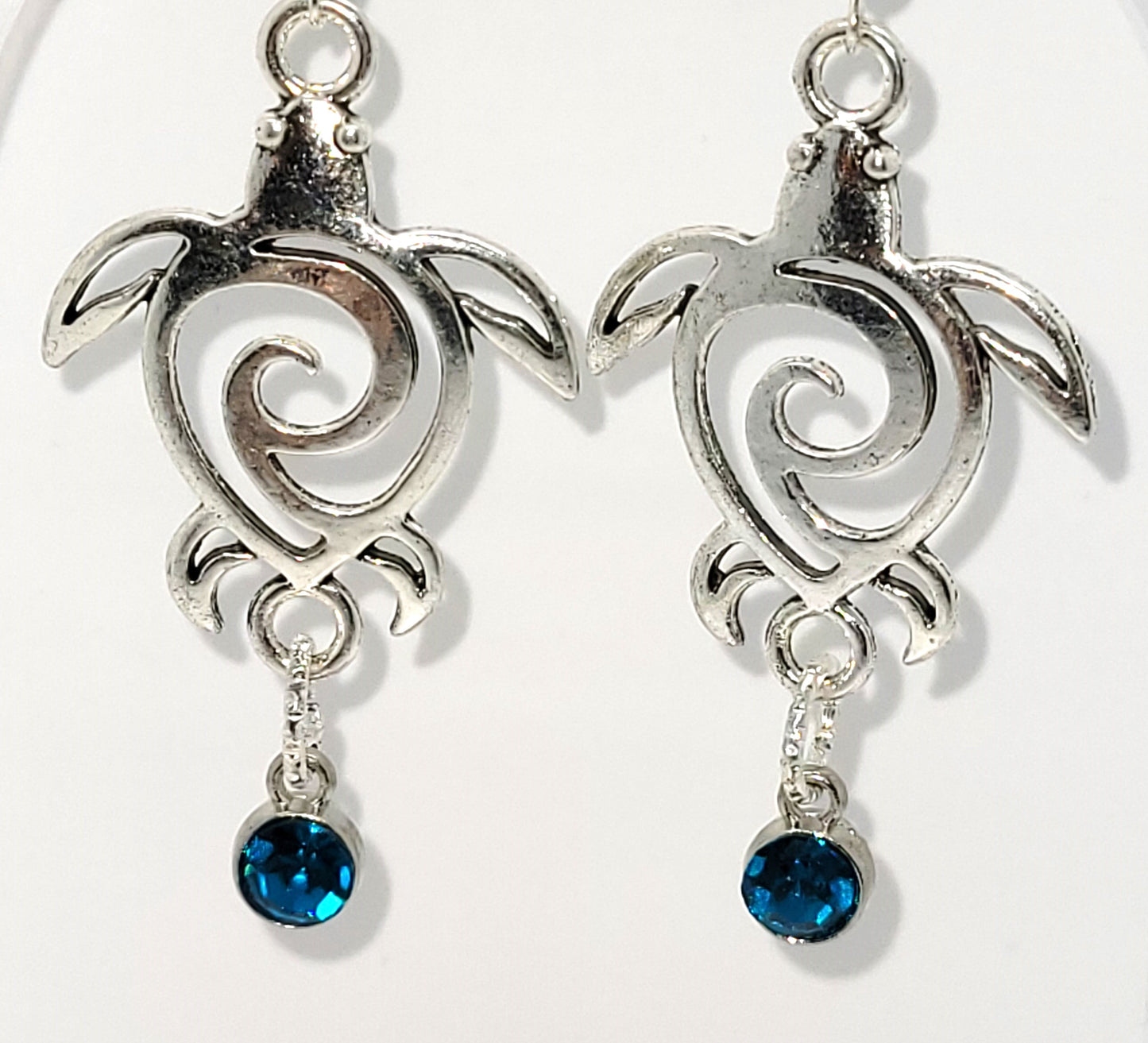 Handcrafted Silver toned Turtle charm necklace & earring with turquoise colored dangle jewel,