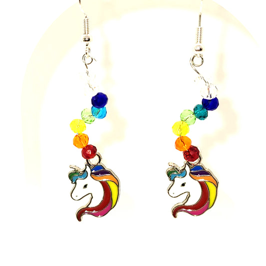 Handcrafted Rainbow Beads with Unicorn Charm Silver toned dangle earring