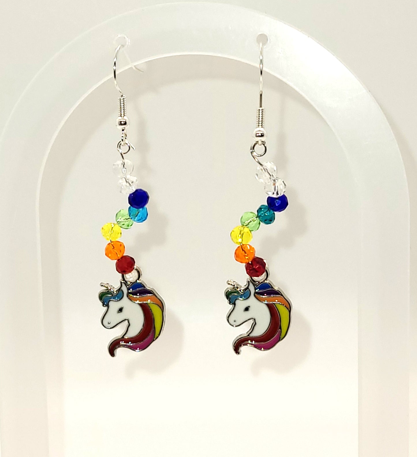 Handcrafted Rainbow Beads with Unicorn Charm Silver toned dangle earring