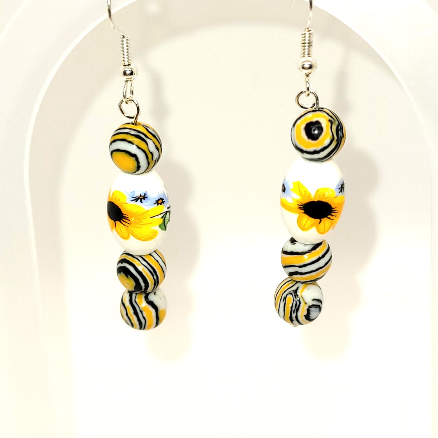 Handcrafted Yellow Striped Agate stones with Sunflower beads, Silver toned dangle earring