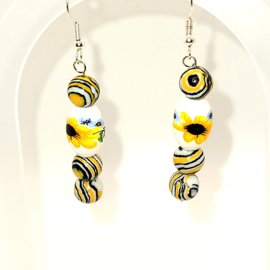 Handcrafted Yellow Striped Agate stones with Sunflower beads, Silver toned dangle earring