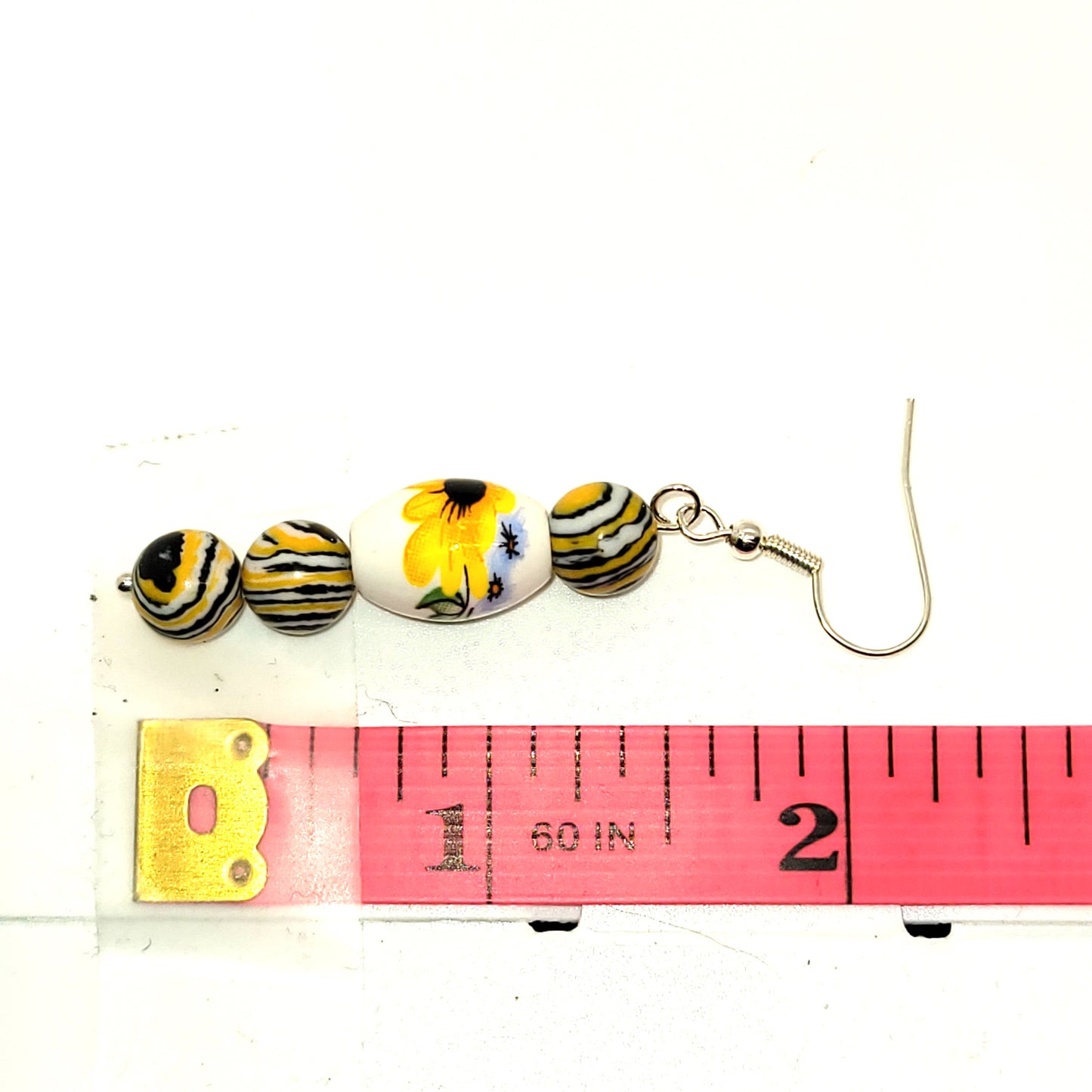 Handcrafted Yellow Striped Agate stones with Sunflower beads, Silver toned dangle earring