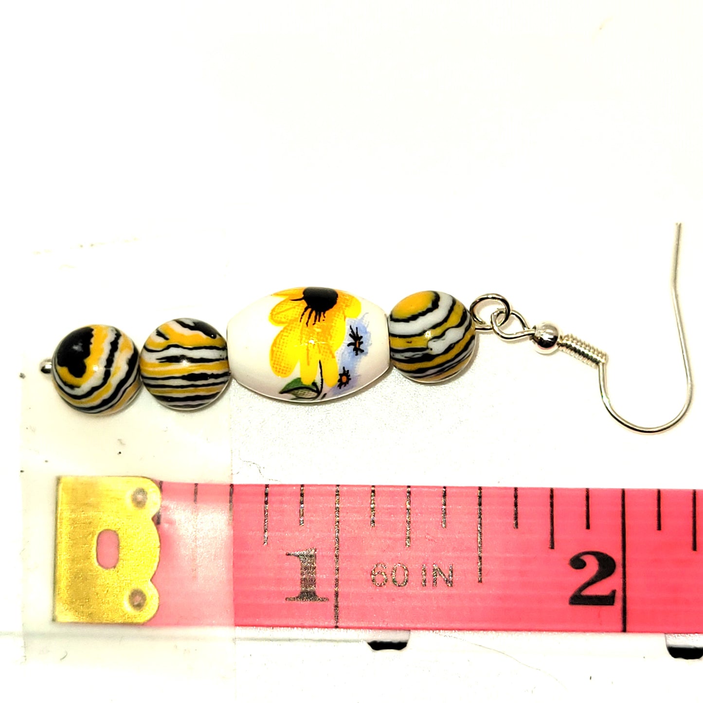 Handcrafted Yellow Striped Agate stones with Sunflower beads, Silver toned dangle earring