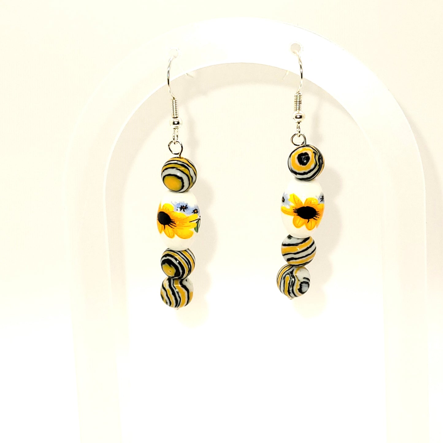 Handcrafted Yellow Striped Agate stones with Sunflower beads, Silver toned dangle earring