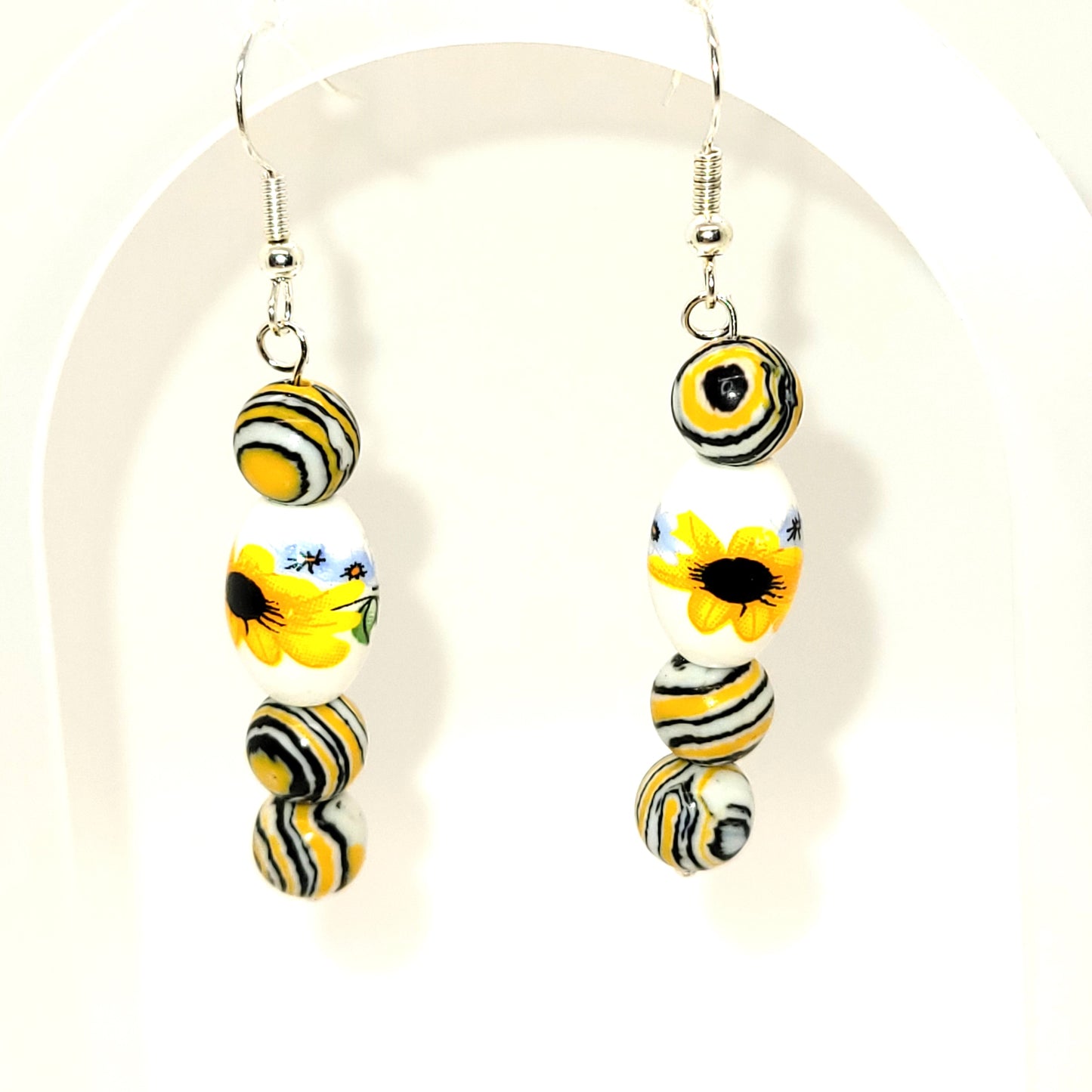 Handcrafted Yellow Striped Agate stones with Sunflower beads, Silver toned dangle earring