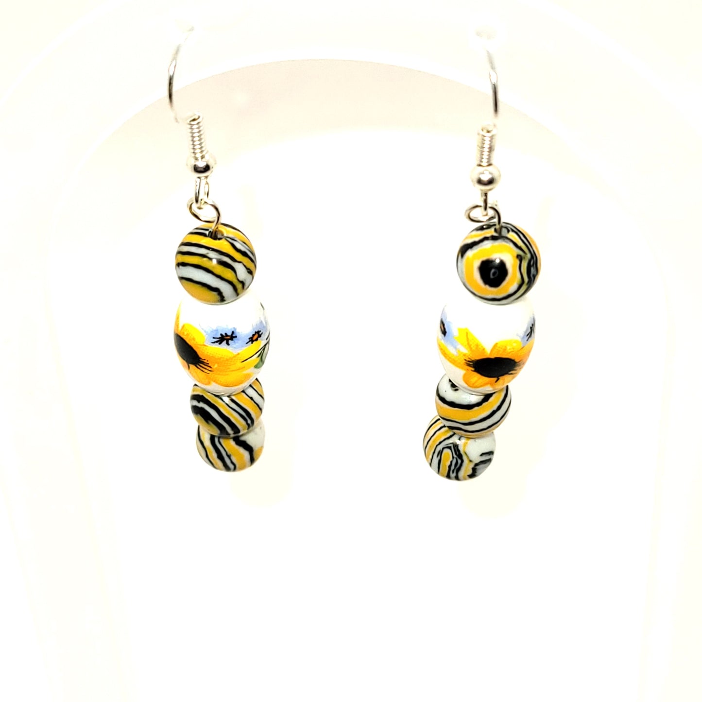 Handcrafted Yellow Striped Agate stones with Sunflower beads, Silver toned dangle earring