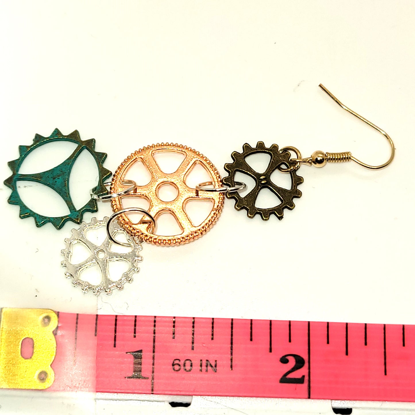 Handcrafted 2 inch steampunk gears 4 colors dangle earring, 2 inches dangle length.
