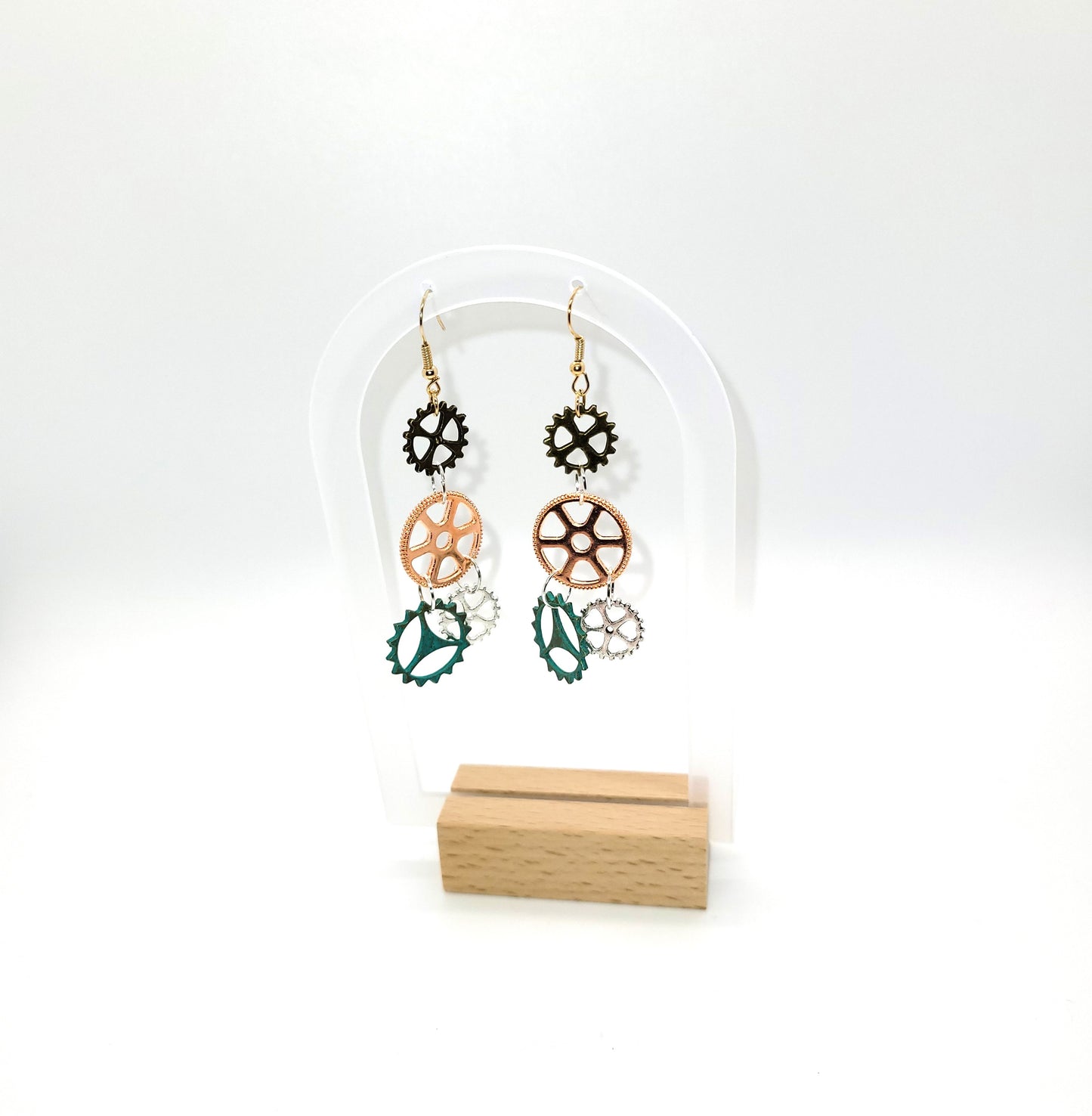 Handcrafted 2 inch steampunk gears 4 colors dangle earring, 2 inches dangle length.