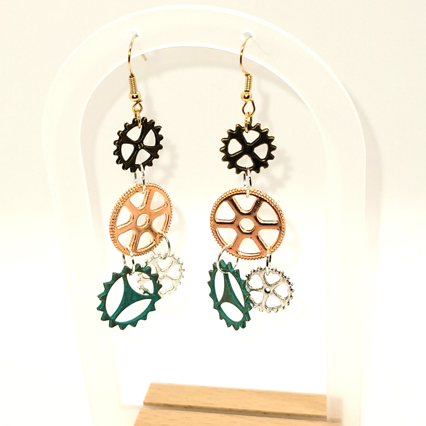 Handcrafted 2 inch steampunk gears 4 colors dangle earring, 2 inches dangle length.