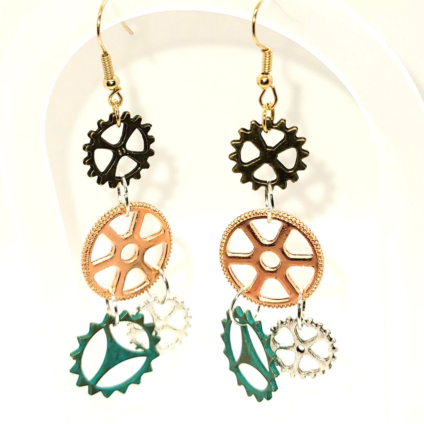 Handcrafted 2 inch steampunk gears 4 colors dangle earring, 2 inches dangle length.