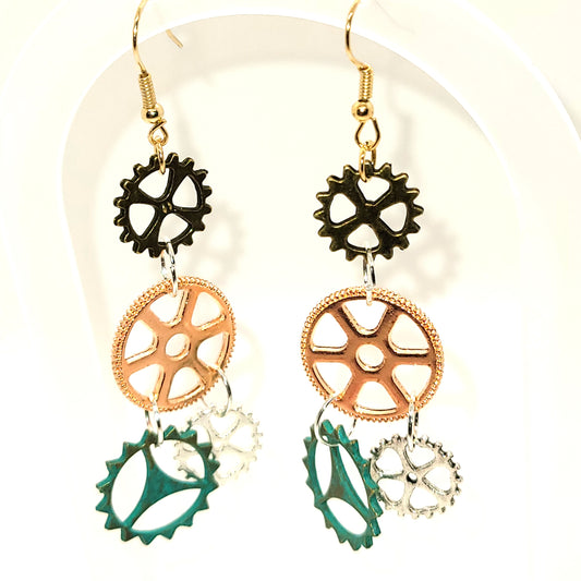 Handcrafted 2 inch steampunk gears 4 colors dangle earring, 2 inches dangle length.
