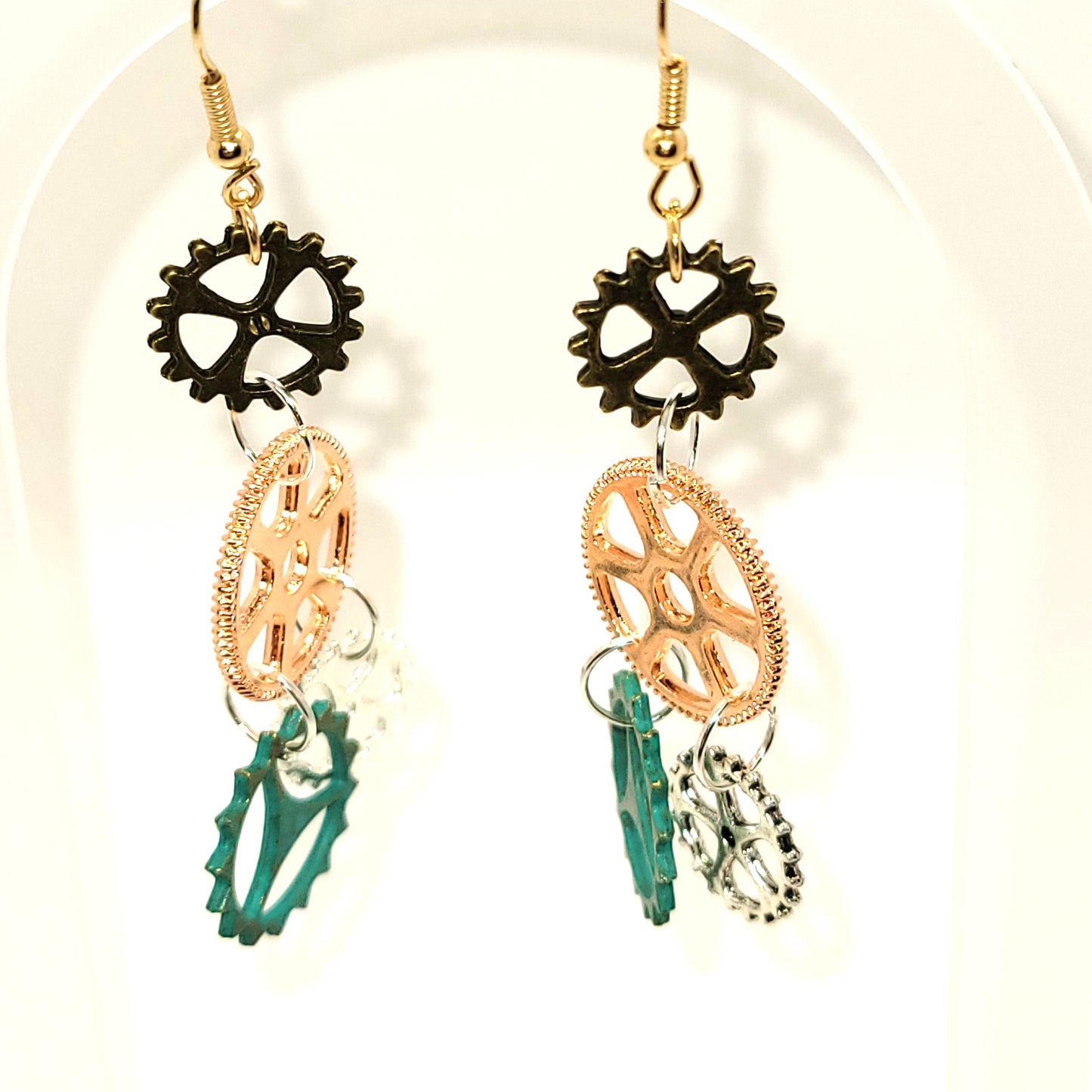 Handcrafted 2 inch steampunk gears 4 colors dangle earring, 2 inches dangle length.