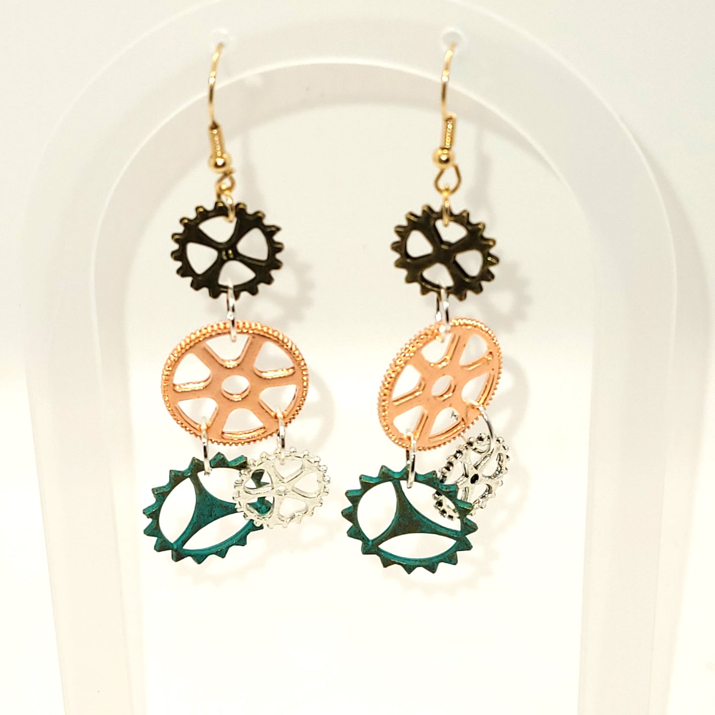 Handcrafted 2 inch steampunk gears 4 colors dangle earring, 2 inches dangle length.