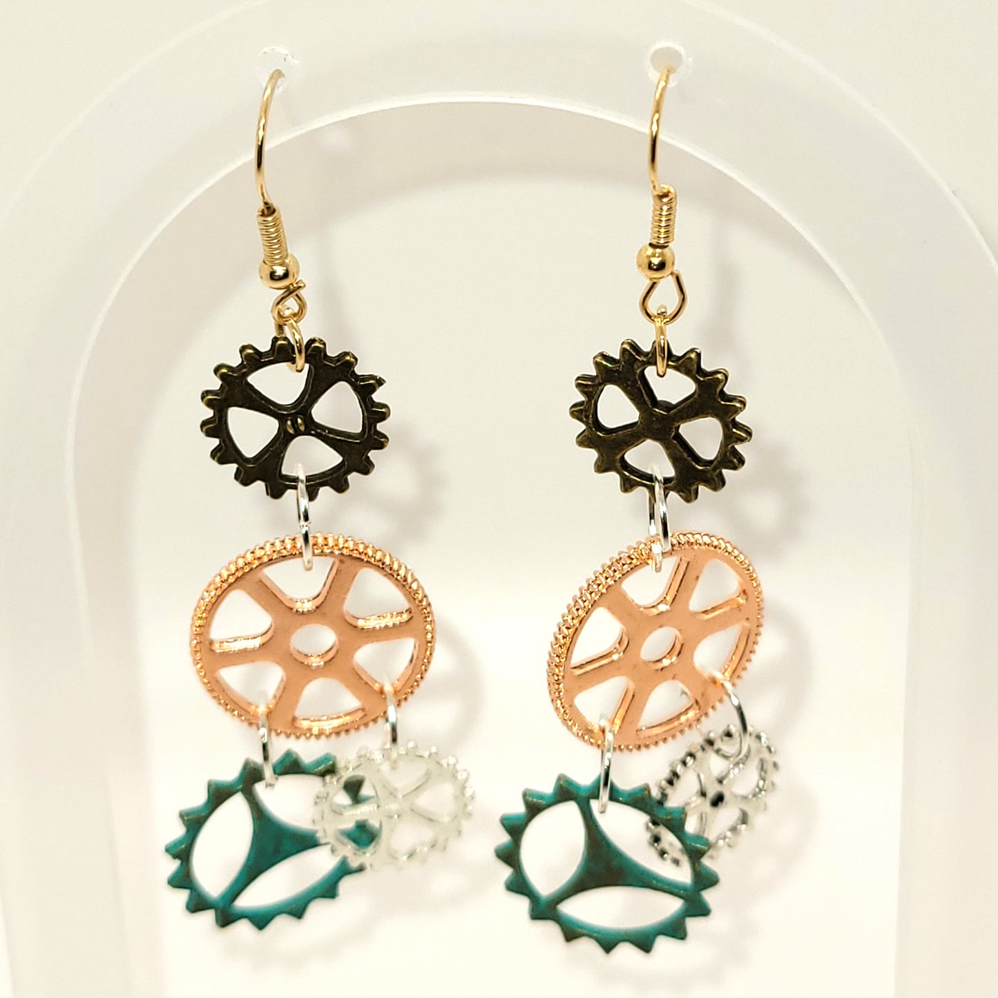 Handcrafted 2 inch steampunk gears 4 colors dangle earring, 2 inches dangle length.
