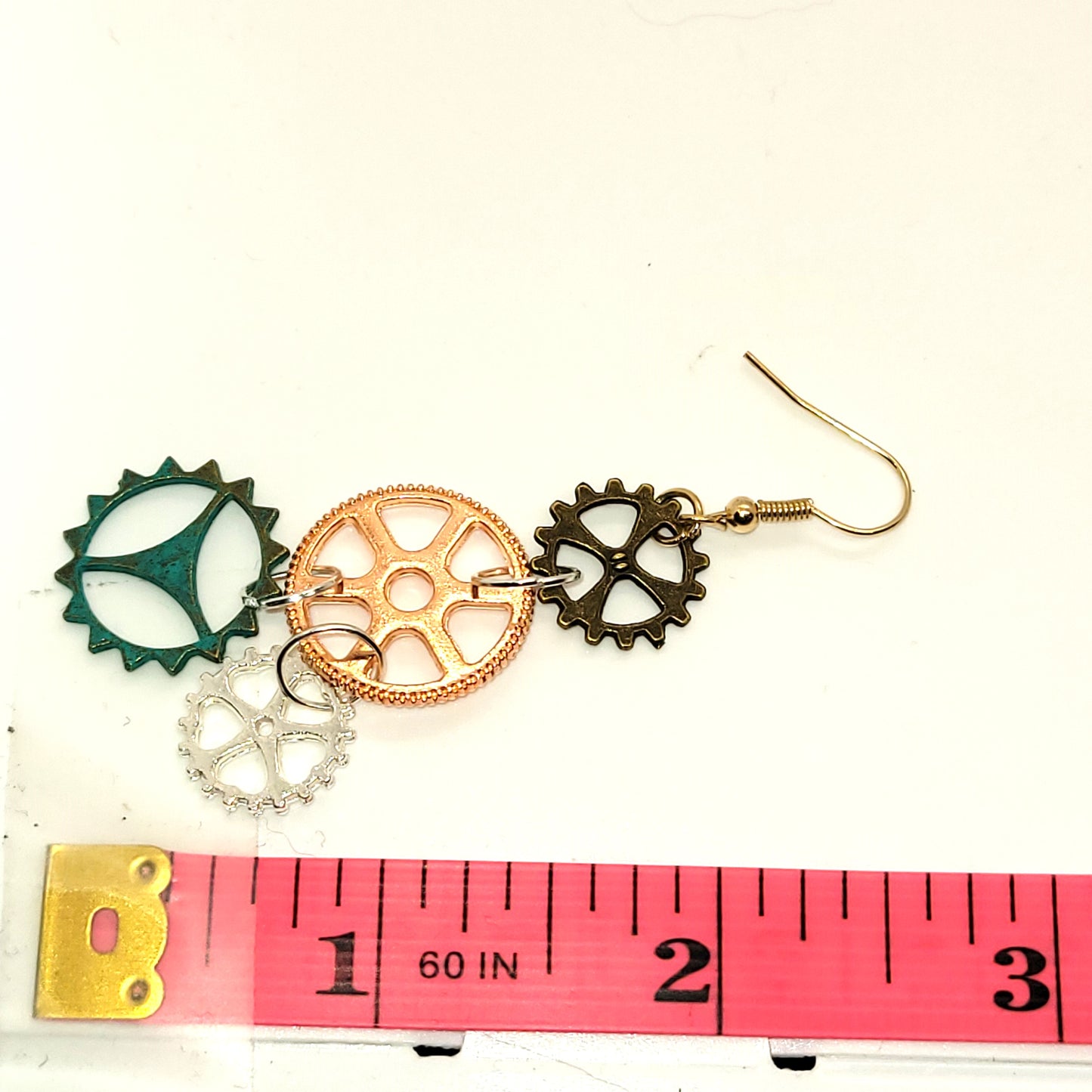 Handcrafted 2 inch steampunk gears 4 colors dangle earring, 2 inches dangle length.