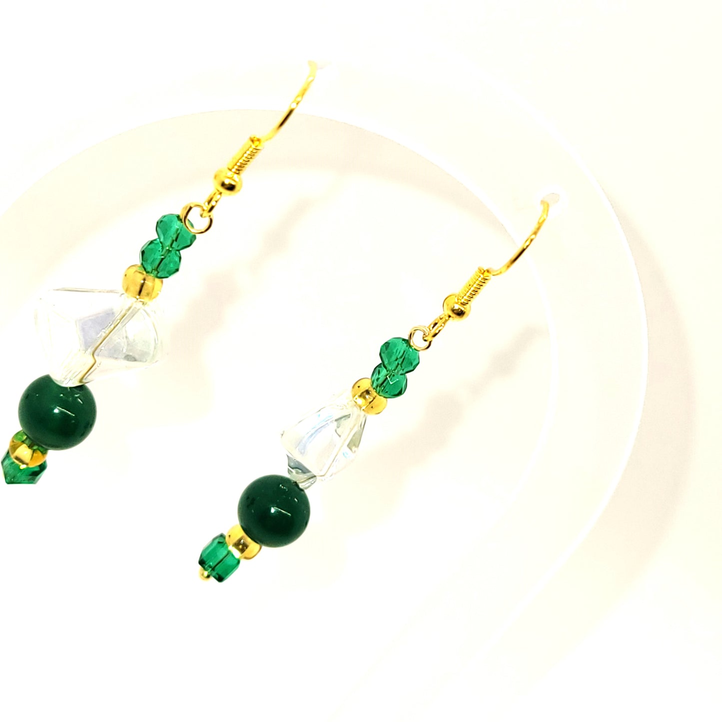 Handcrafted with Recycled Beads, Green, Gold, Clear 2 inch dangle earring