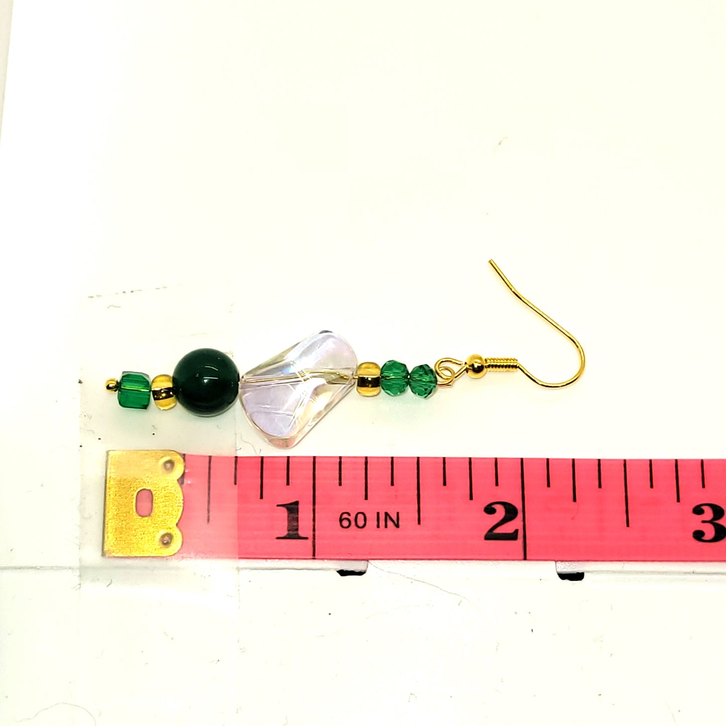 Handcrafted with Recycled Beads, Green, Gold, Clear 2 inch dangle earring