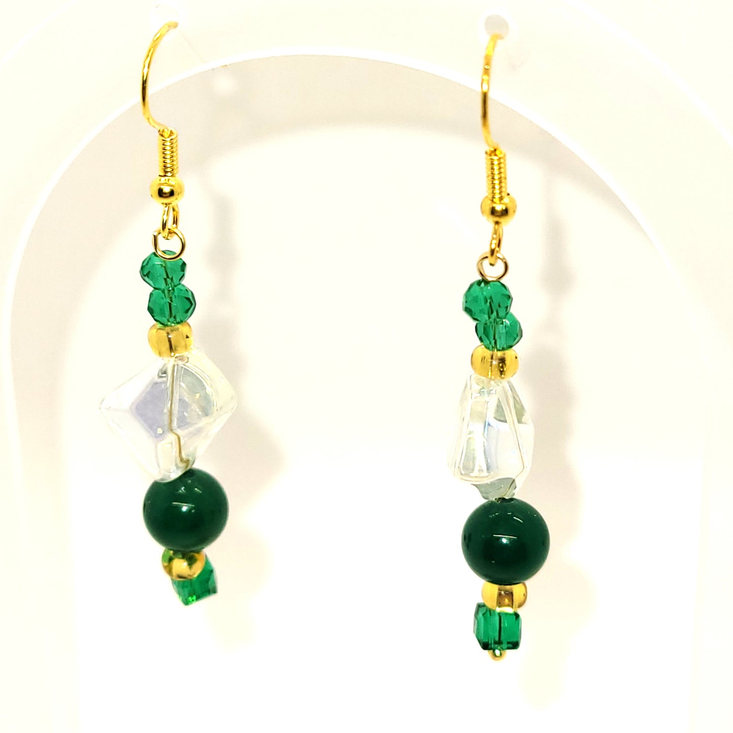 Handcrafted with Recycled Beads, Green, Gold, Clear 2 inch dangle earring
