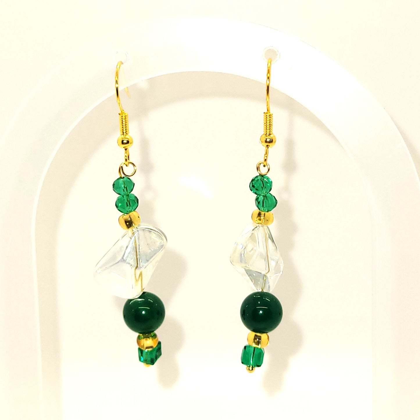 Handcrafted with Recycled Beads, Green, Gold, Clear 2 inch dangle earring