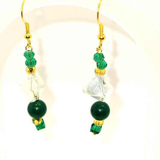 Handcrafted with Recycled Beads, Green, Gold, Clear 2 inch dangle earring