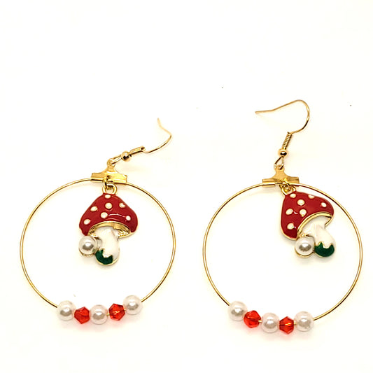 Handcraft Red/White Mushroom w/Red/White beads Round, Dangle Earring