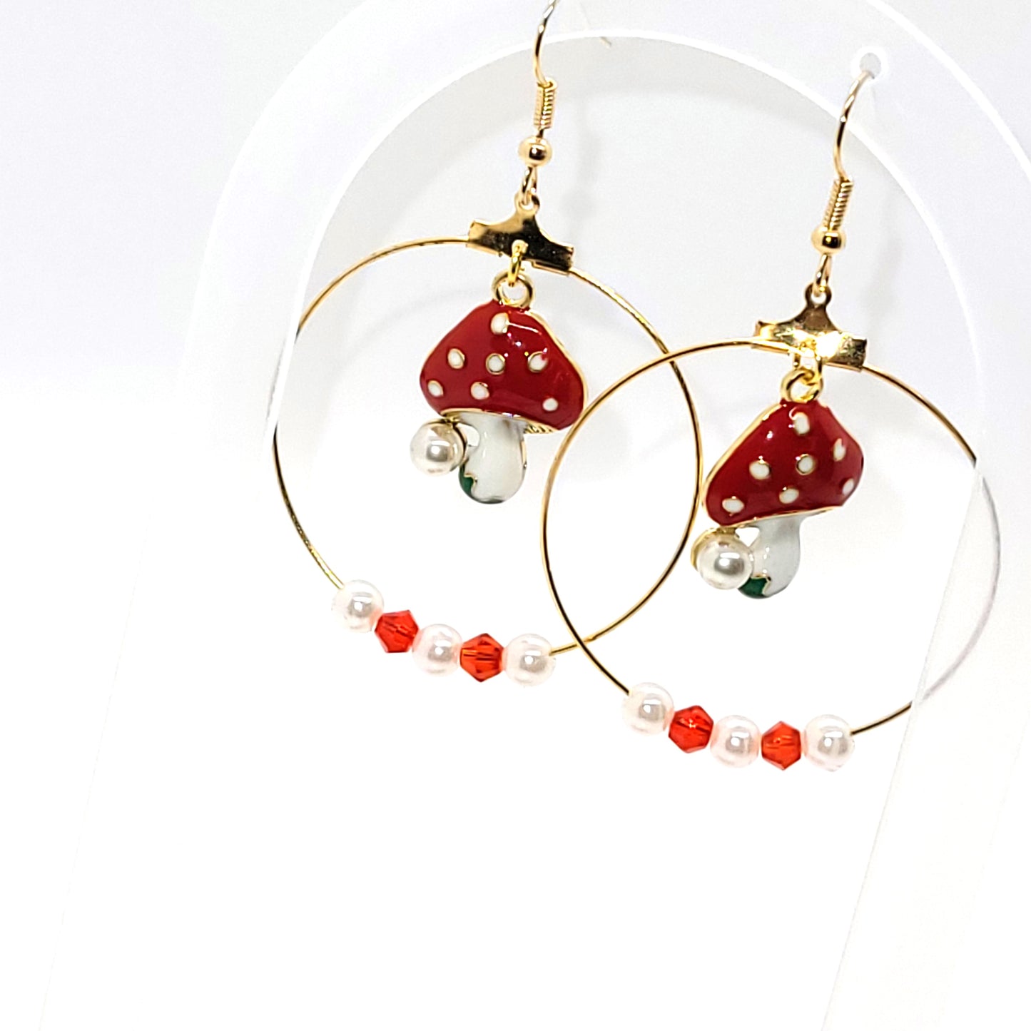 Handcraft Red/White Mushroom w/Red/White beads Round, Dangle Earring