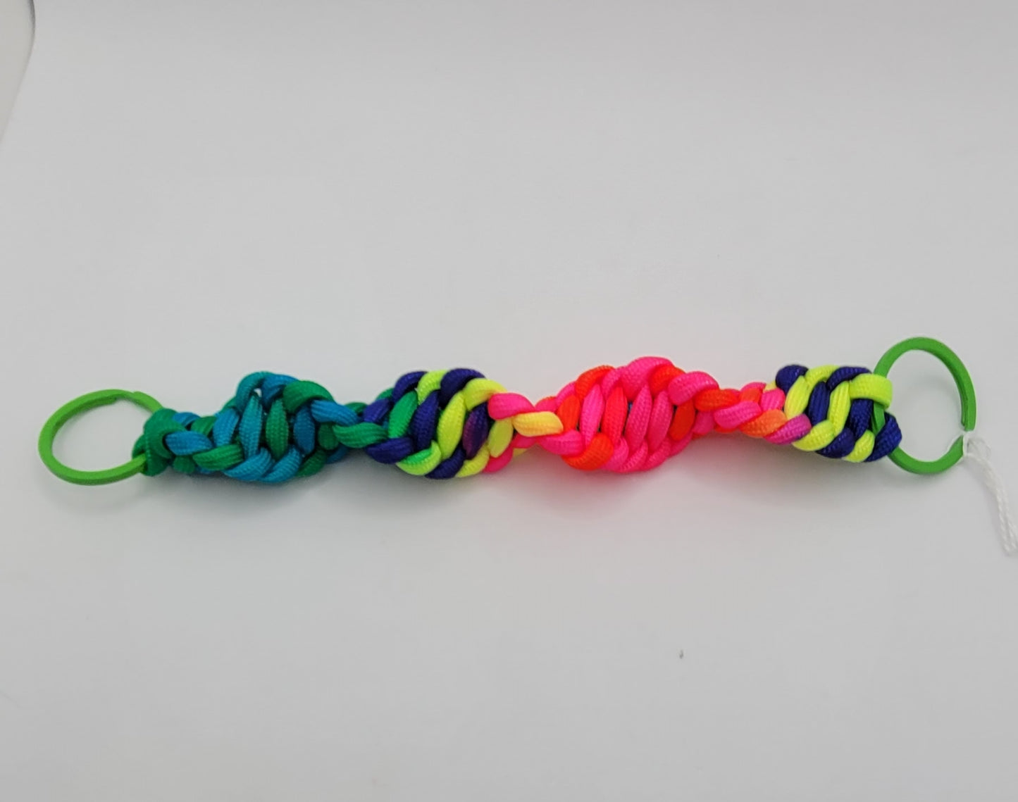 Handcrafted Bright Fluorescent Paracord Keychain, Two Green Keyrings, one each end, 9 Inches Long