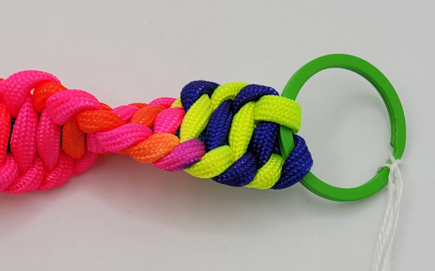 Handcrafted Bright Fluorescent Paracord Keychain, Two Green Keyrings, one each end, 9 Inches Long