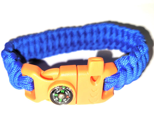 Royal Blue Paracord Braided Bracelet, Orange Whistle and Compass Buckle, Woven, Veteran Made, PTSD Therapy, Great Gift for Him or Her