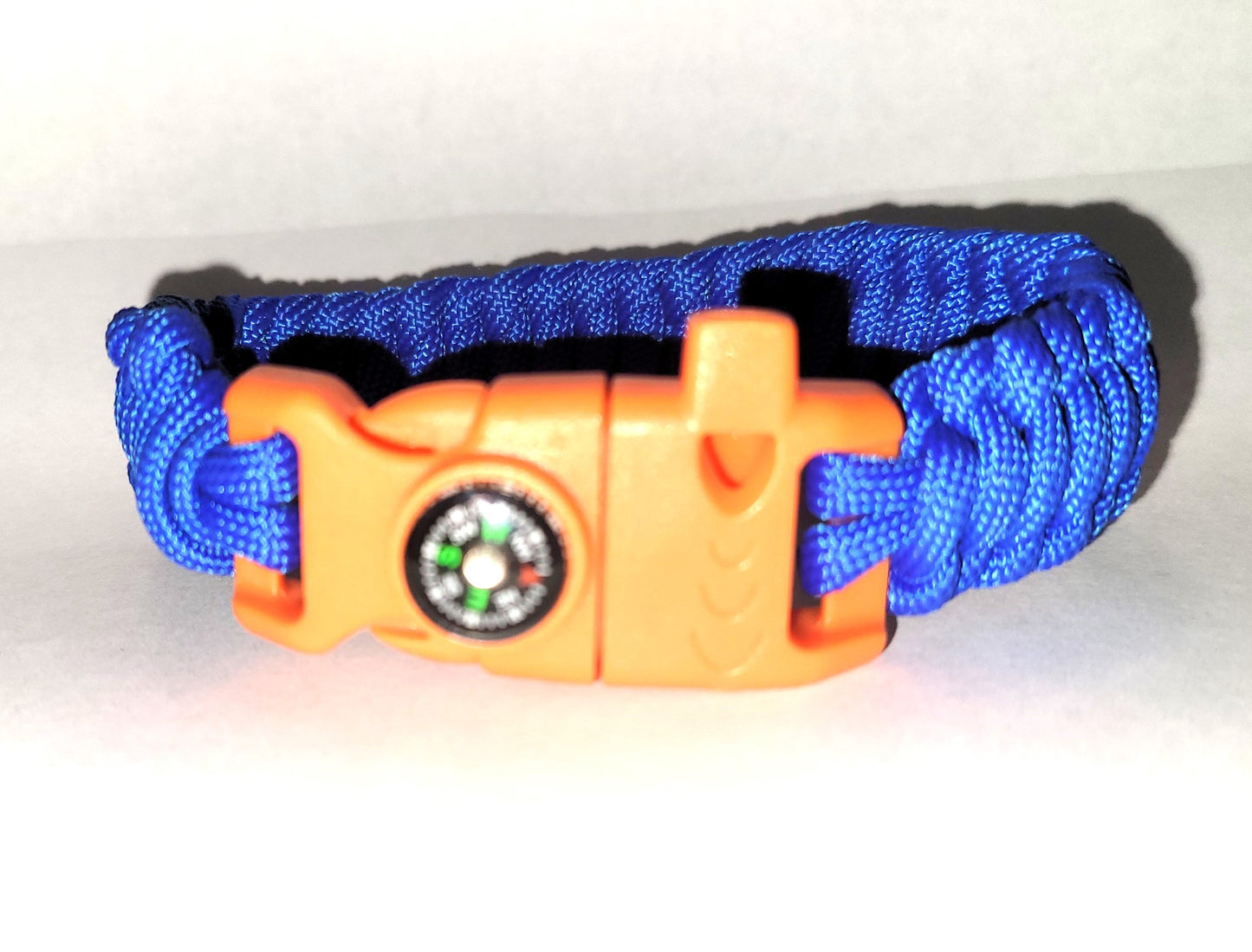 Royal Blue Paracord Braided Bracelet, Orange Whistle and Compass Buckle, Woven, Veteran Made, PTSD Therapy, Great Gift for Him or Her