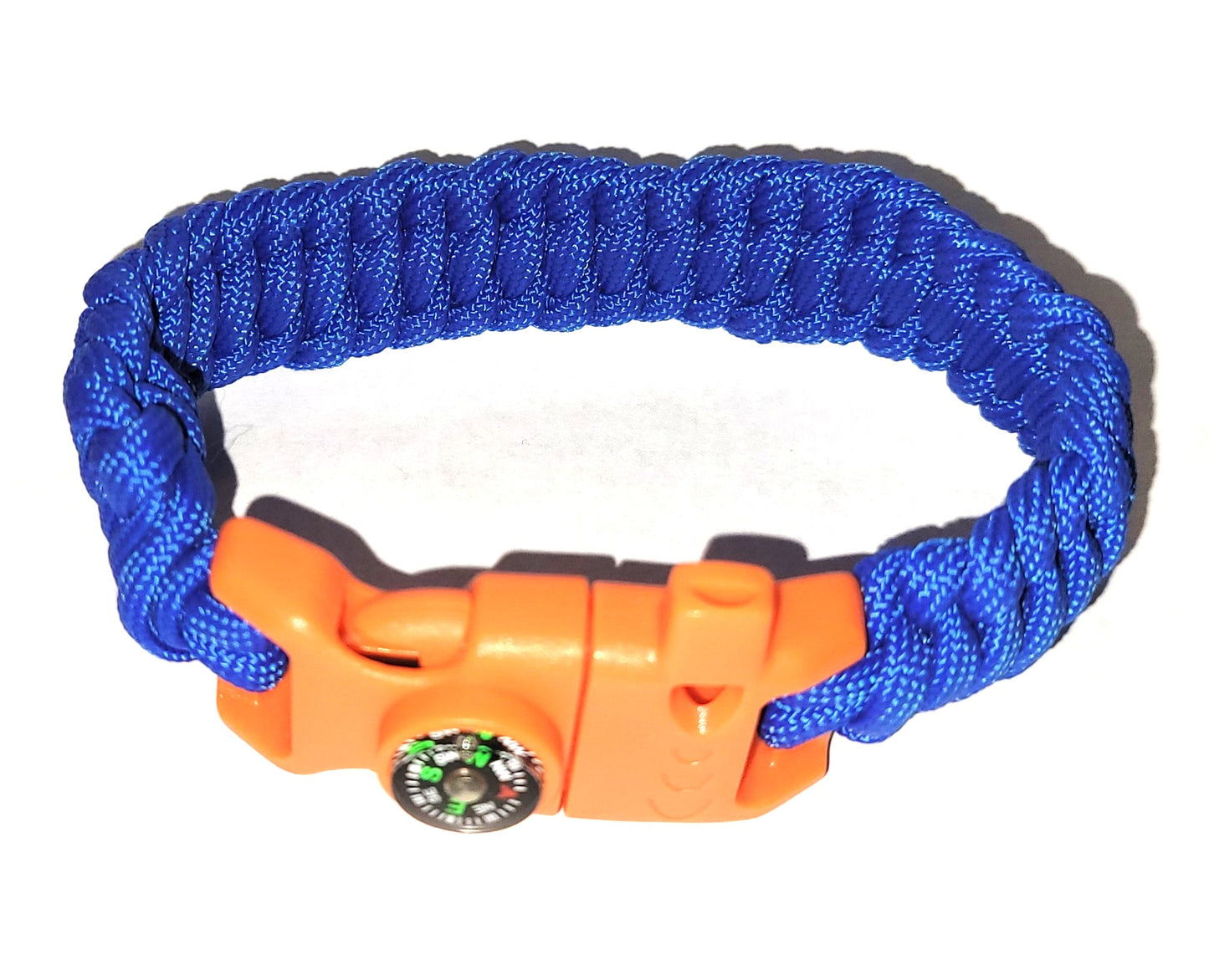 Royal Blue Paracord Braided Bracelet, Orange Whistle and Compass Buckle, Woven, Veteran Made, PTSD Therapy, Great Gift for Him or Her