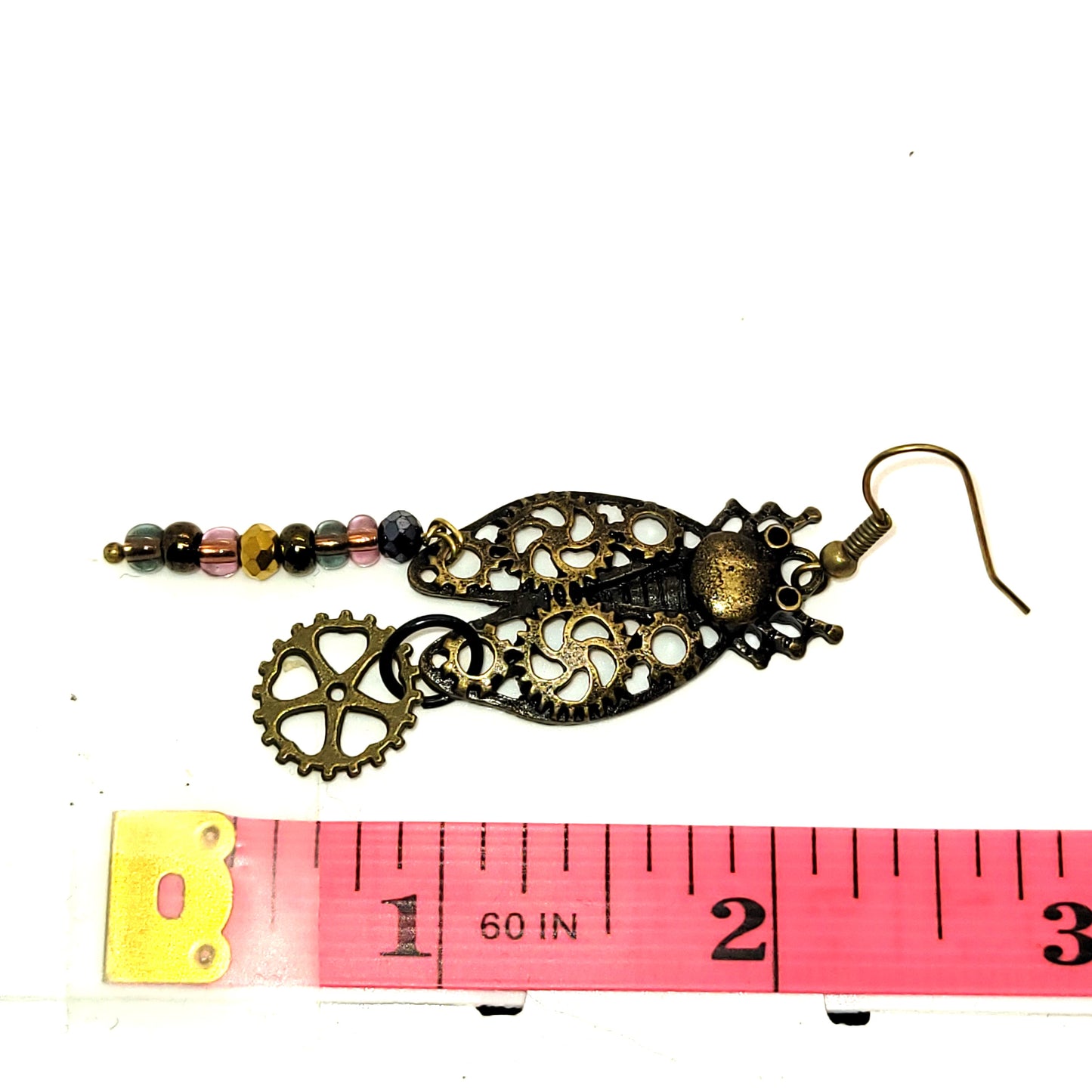 Handcrafted Bronze Colored Steampunk Bug Dangle Earrings, Recycled Beads, 2 inch