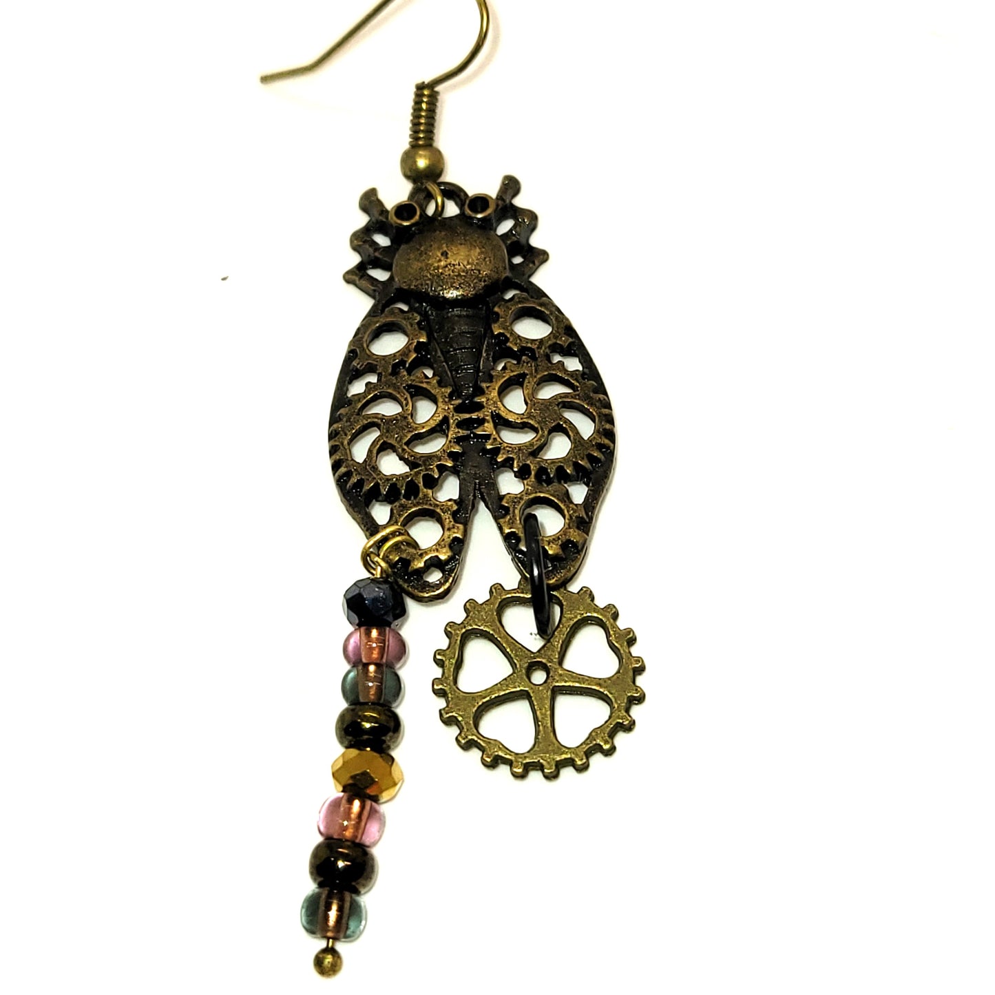 Handcrafted Bronze Colored Steampunk Bug Dangle Earrings, Recycled Beads, 2 inch