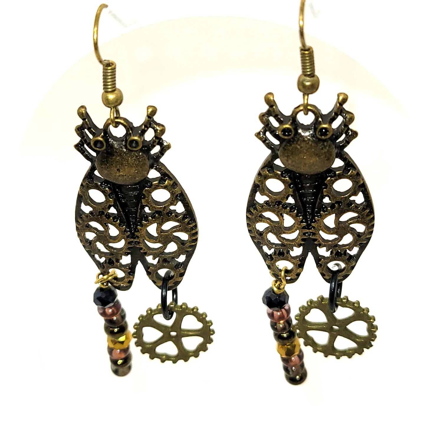 Handcrafted Bronze Colored Steampunk Bug Dangle Earrings, Recycled Beads, 2 inch