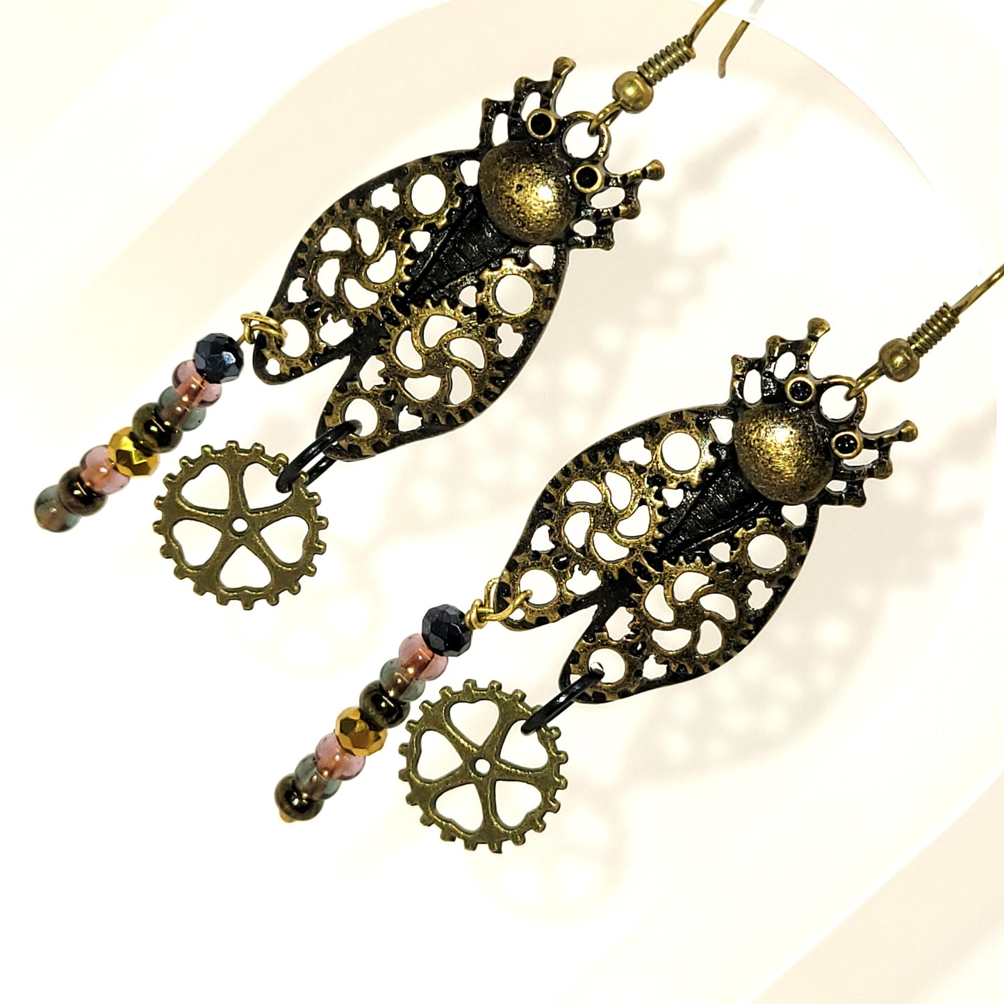 Handcrafted Bronze Colored Steampunk Bug Dangle Earrings, Recycled Beads, 2 inch