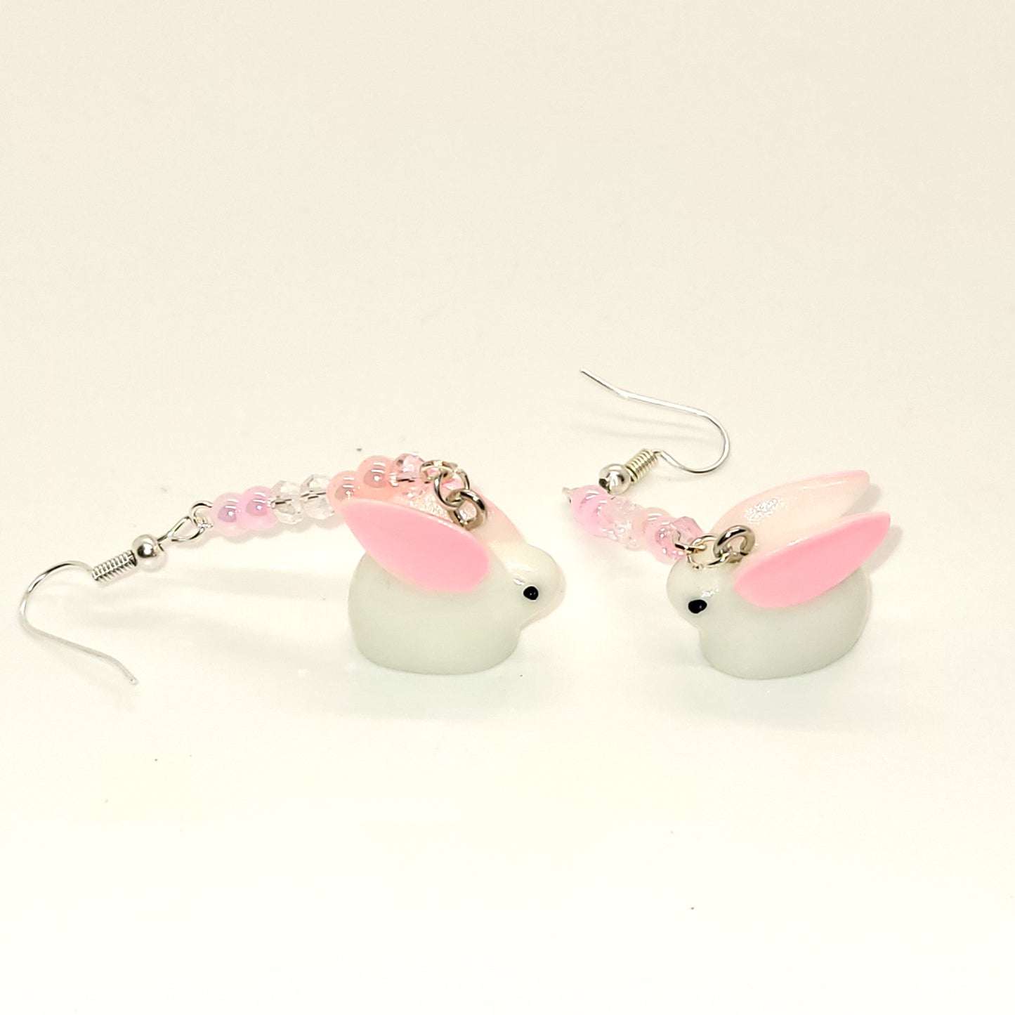 Pink and White Dangle Easter Bunny Earrings, Silver Toned, 2.5 inches long