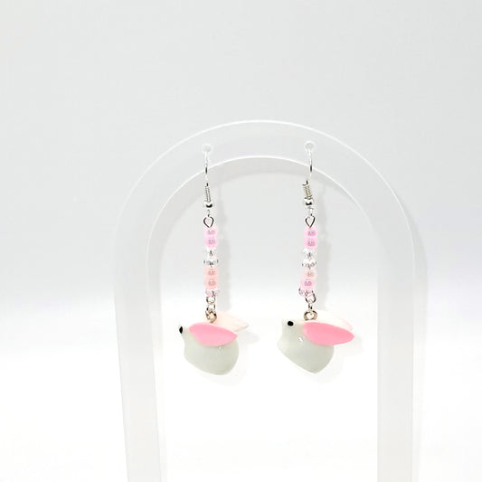 Pink and White Dangle Easter Bunny Earrings, Silver Toned, 2.5 inches long