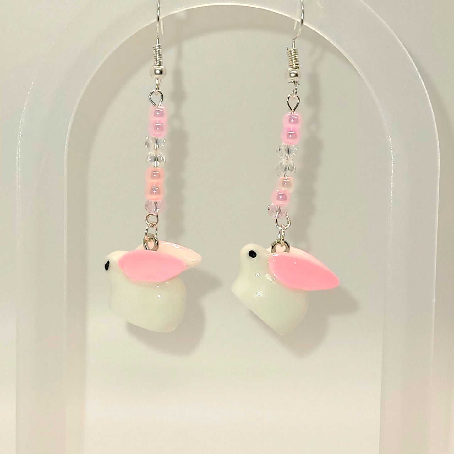 Pink and White Dangle Easter Bunny Earrings, Silver Toned, 2.5 inches long