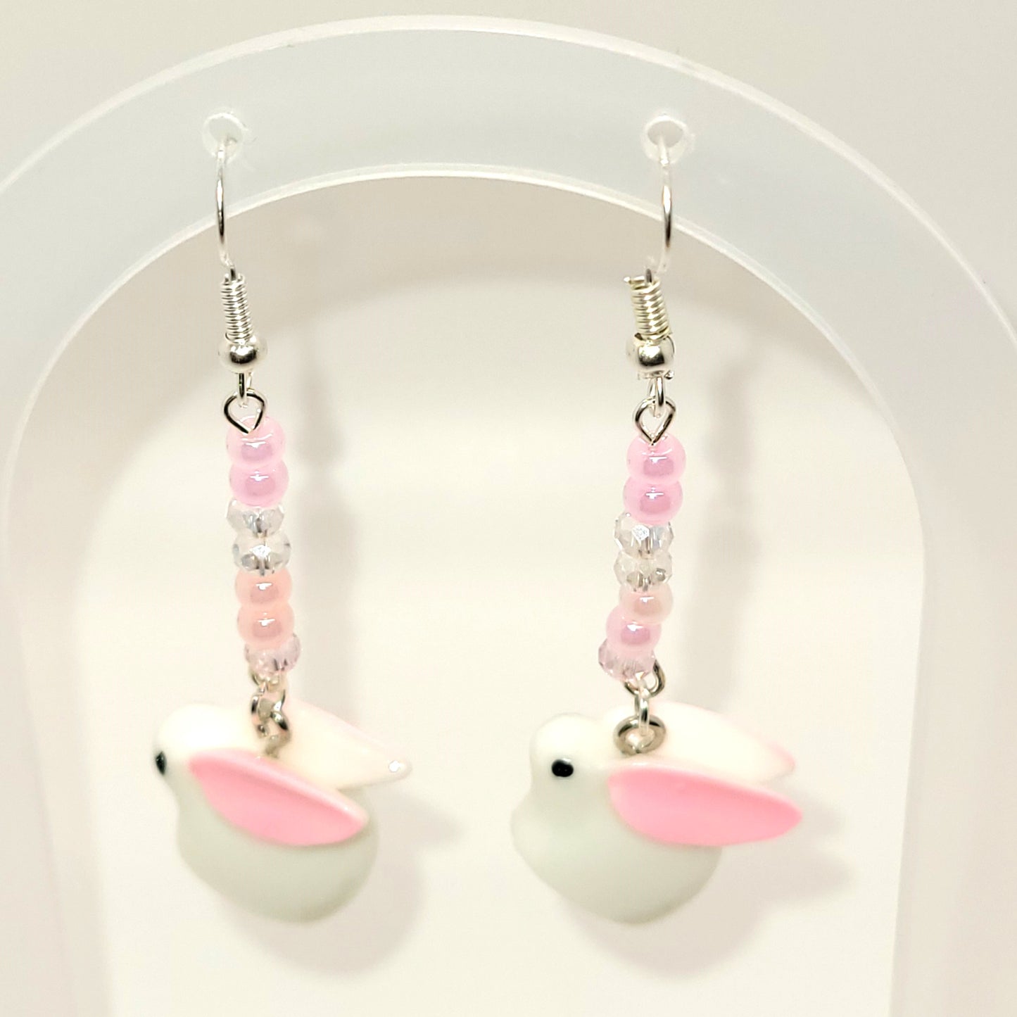 Pink and White Dangle Easter Bunny Earrings, Silver Toned, 2.5 inches long