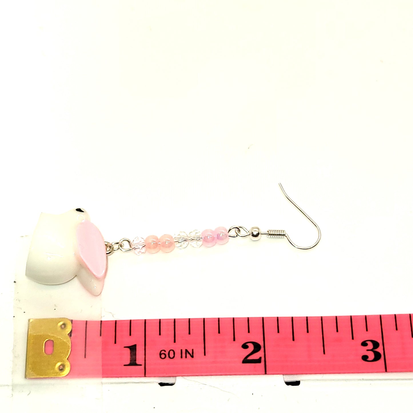 Pink and White Dangle Easter Bunny Earrings, Silver Toned, 2.5 inches long