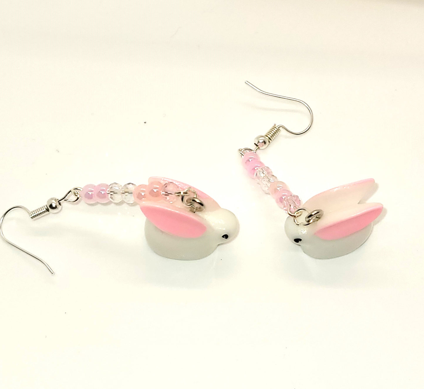 Pink and White Dangle Easter Bunny Earrings, Silver Toned, 2.5 inches long