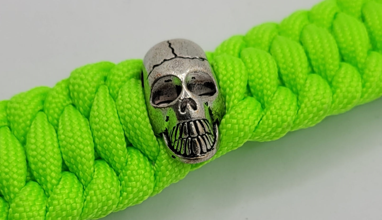 Fluorescent, Green, Paracord, Bracelet, Metal Skull Bead, Buckle, Flourscent Buckle, Silver, 9 Inches, Woven, Veteran Made, PTSD Therapy